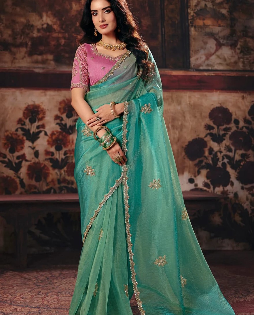 1013 - Sea Blue & Pink Designer Style Festive Wear Saree